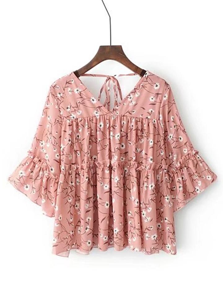 Romwe Bell Sleeve Tie Back Frill Tiered Top