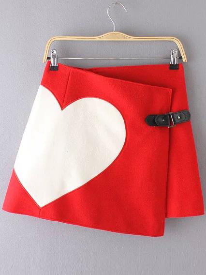 Romwe Heart Pattern Wrap Red Skirt