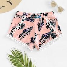 Romwe Pom Pom Trim Palm Print Beach Shorts