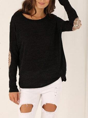 Romwe Black Elbow Patch Sequined Loose T-shirt