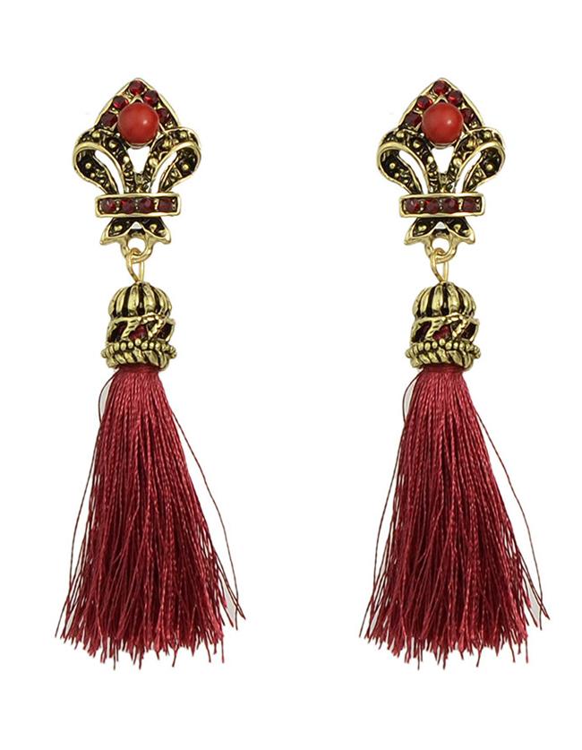 Romwe Red Rhinestone Tassel Drop Earrings