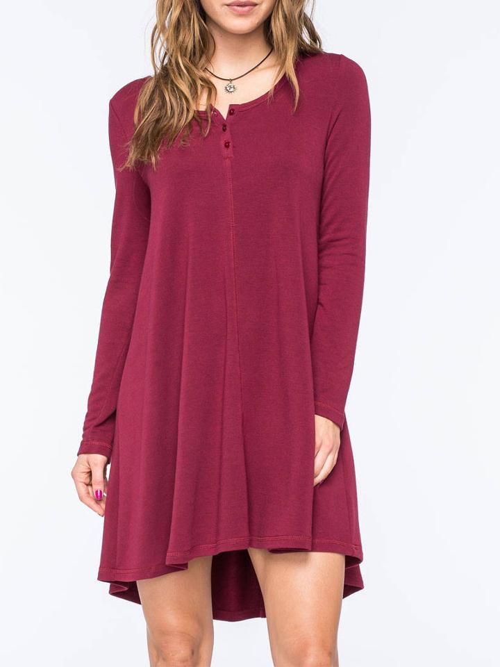 Romwe Wine Red Cheesecloth Long Sleeve Casual Dress