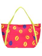 Romwe Pink Pu Lips Print Fluorescent Yellow Strap Tote Bag
