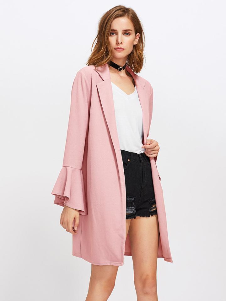Romwe Trumpet Sleeve Notch Collar Duster Coat