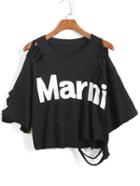 Romwe Letter Print Hollow Loose Black T-shirt