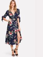 Romwe Tie Sleeve Wrap Floral Dress