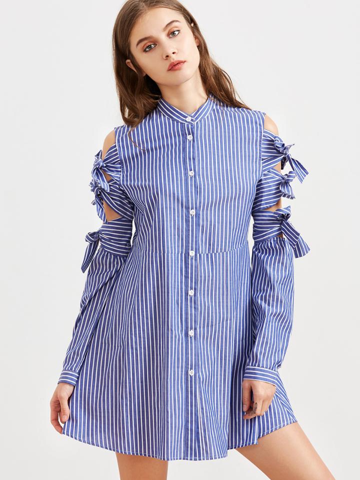 Romwe Blue Striped Bow Tie Sleeve Shirt Dress