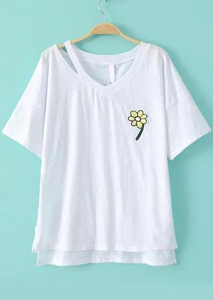 Romwe Dip Hem Hollow Embroidered White T-shirt