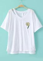 Romwe Dip Hem Hollow Embroidered White T-shirt