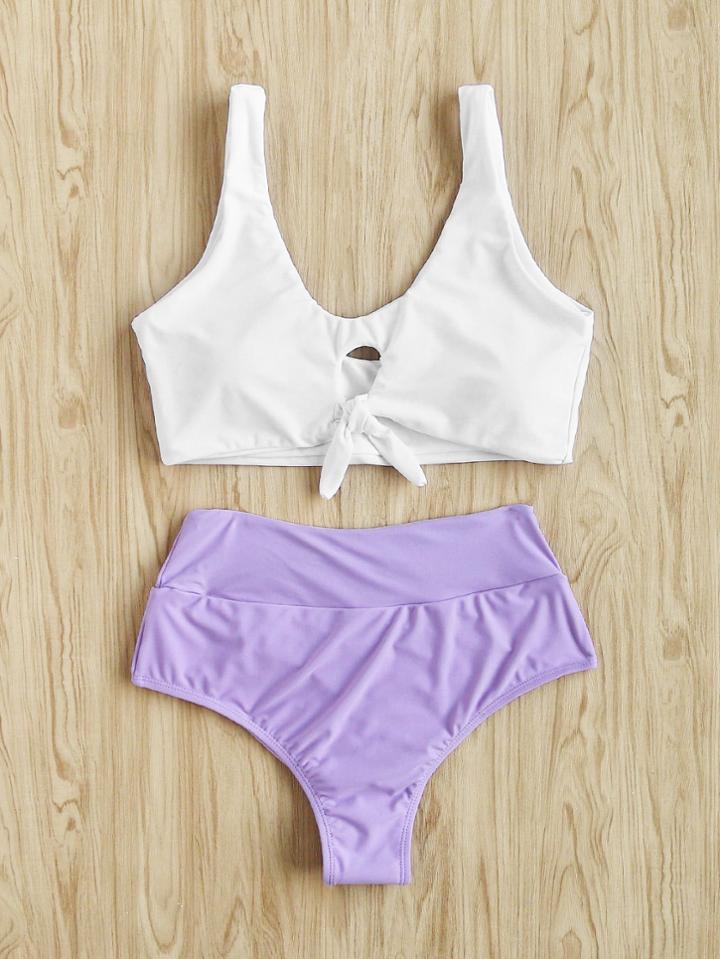 Romwe Two Tone Knot Front Tankini Set