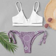 Romwe Cut Out Top With Random Pattern Self Tie Side Bikini