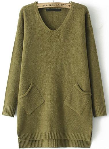 Romwe V Neck Pockets Loose Green Sweater