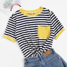 Romwe Contrast Pocket Striped Ringer Tee