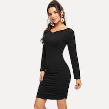 Romwe V-neck Ruched Detail Solid Dress