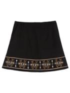 Romwe Black Tribal Embroidered Suede A Line Skirt With Zipper