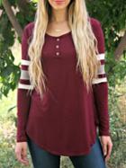 Romwe Long Sleeve Striped Maroon T-shirt With Buttons