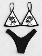 Romwe Mono Palm Tree Print Bikini Set