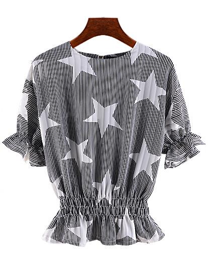 Romwe Star Print Peplum Hem Chiffon Top
