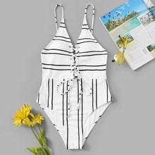 Romwe Striped Lace-up Low Back One Piece Swimwear