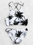 Romwe Palm Tree Print Cross Back Bikini Set