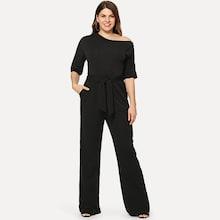 Romwe Plus Oblique Shoulder Solid Jumpsuit