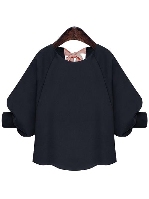 Romwe Dropped Shoulder Seam Elbow Sleeve Bow Navy Blouse