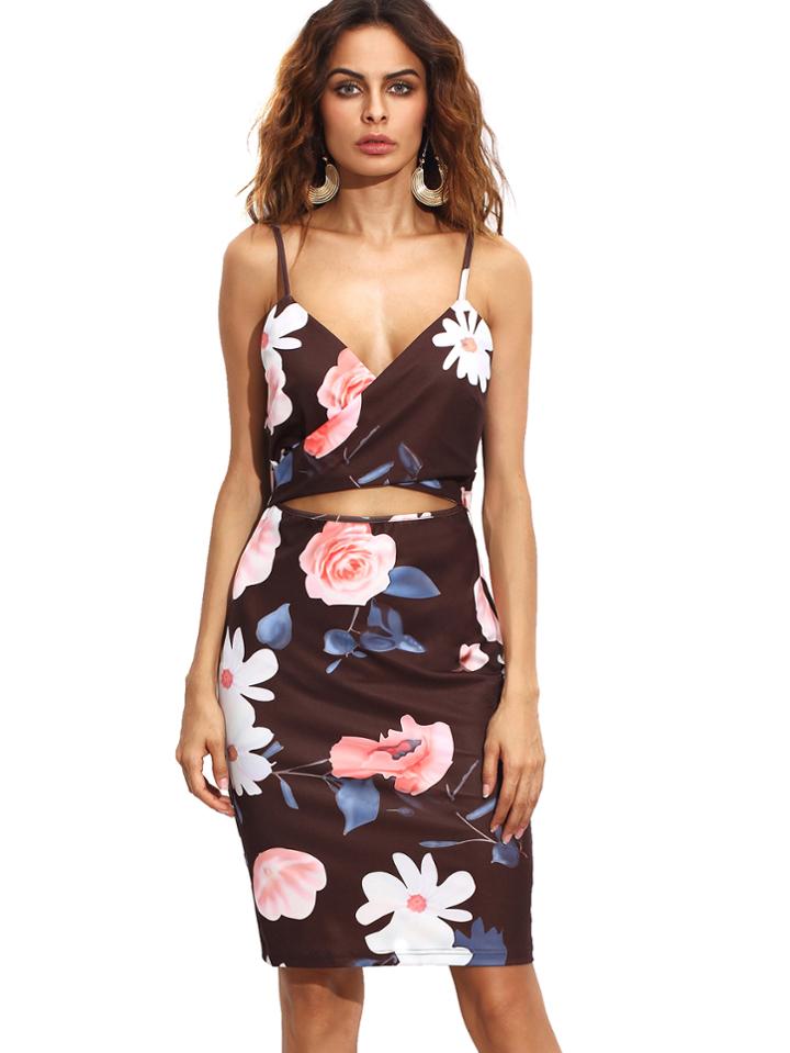 Romwe Spaghetti Strap Cut Out Floral Sheath Dress