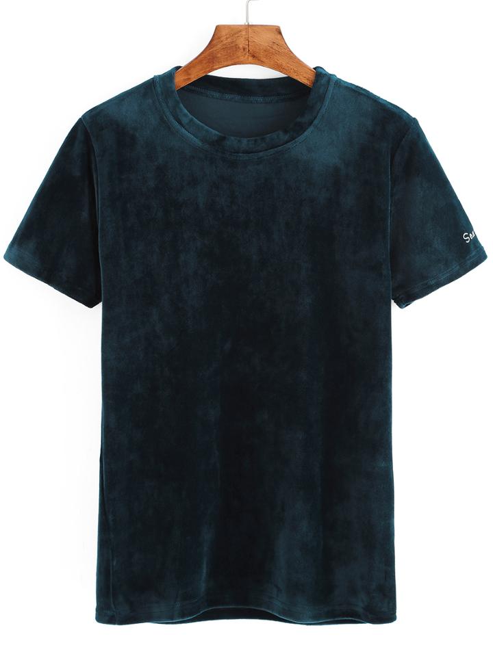 Romwe Letter Embroidered Velvet Dark Green T-shirt