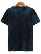 Romwe Letter Embroidered Velvet Dark Green T-shirt