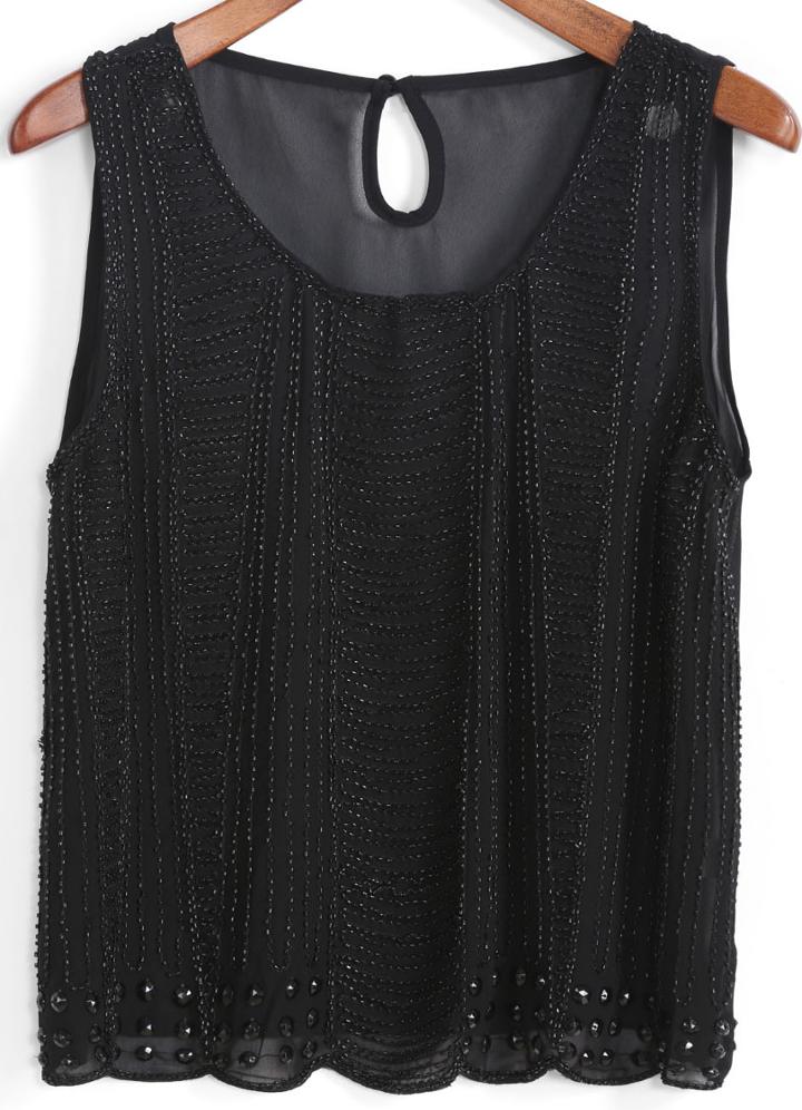 Romwe With Bead Chiffon Black Tank Top