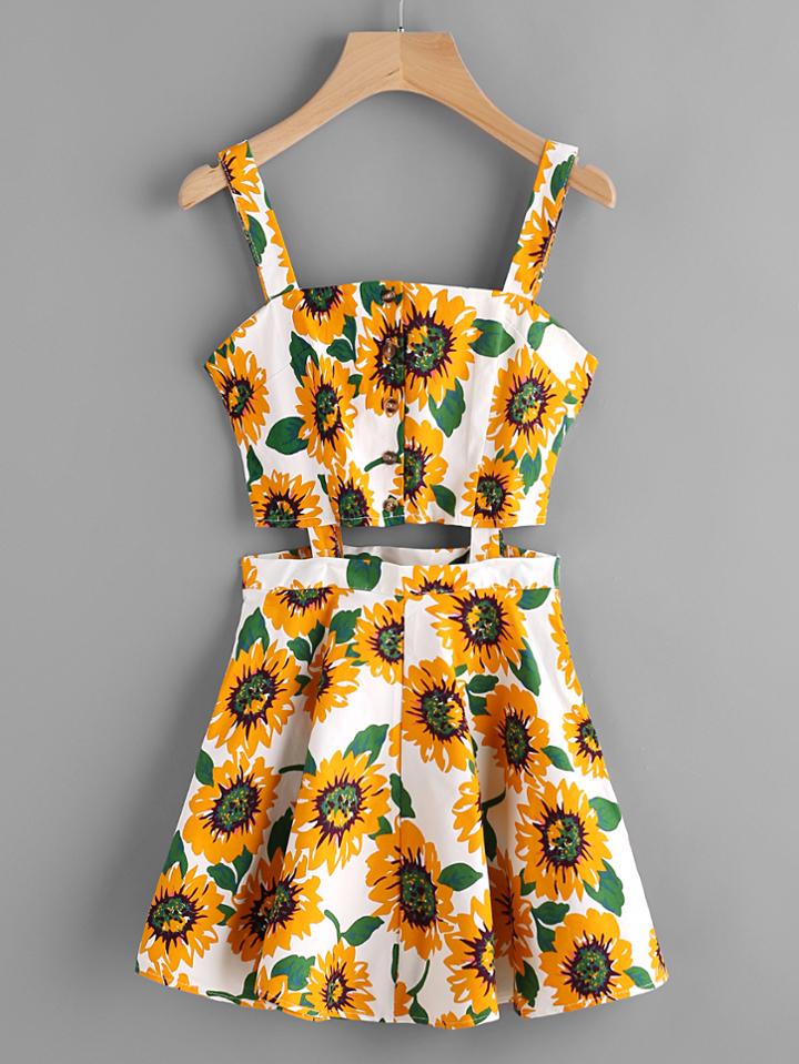 Romwe Sunflower Print Random Single Breasted Cut Out Dress
