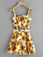 Romwe Sunflower Print Random Single Breasted Cut Out Dress