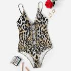 Romwe Leopard Lace-up One Piece Swimwear