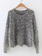 Romwe Pearl Beading Fuzzy Jumper