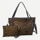 Romwe Leopard Pattern Tote Bag With Clutch Bag
