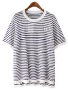 Romwe Royal Blue Short Sleeve Dip Hem Linen Stripe T-shirt