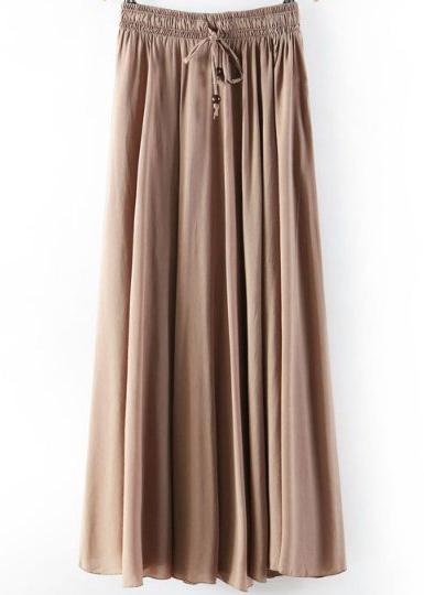 Romwe Coffee Elastic Waist Pleated Skirt