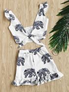 Romwe Random Ornate Elephant Print Knotted Top With Frill Shorts