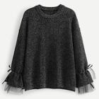 Romwe Drop Shoulder Contrast Lace Knotted Cuff Jumper