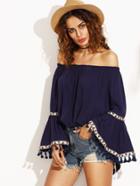 Romwe Navy Bell Sleeve Fringe Embroidered Tape Detail Top