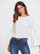Romwe Belted Eyelet Embroidered Fluted Sleeve Top