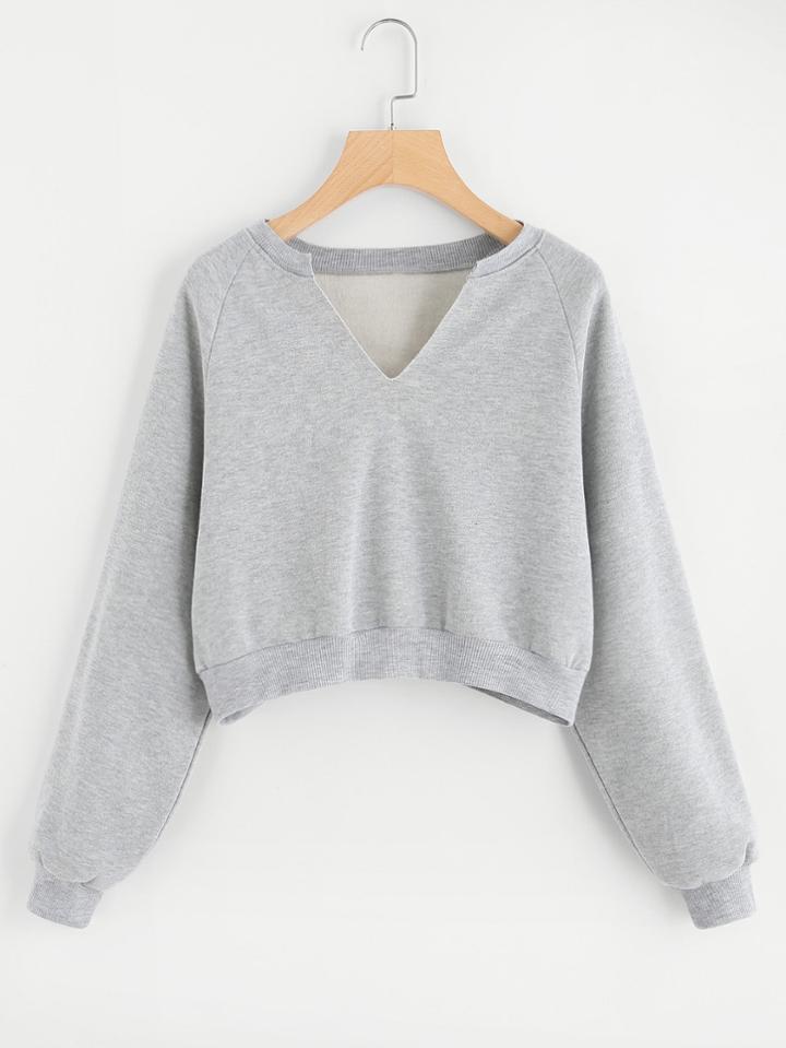 Romwe V Neck Cut Crop Sweatshirt