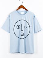 Romwe Wink Emoticons Print Drop Sleeve T-shirt - Blue