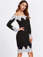 Romwe Contrast Lace Trim Off Shoulder Pencil Dress