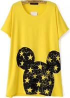 Romwe Star Mickey Print Yellow T-shirt