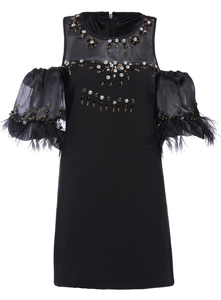 Romwe Off-shoulder Bead Black Dress