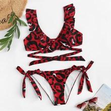 Romwe Leopard Ruffle Wrap Top With Low Rise Bikini