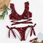 Romwe Leopard Ruffle Wrap Top With Low Rise Bikini