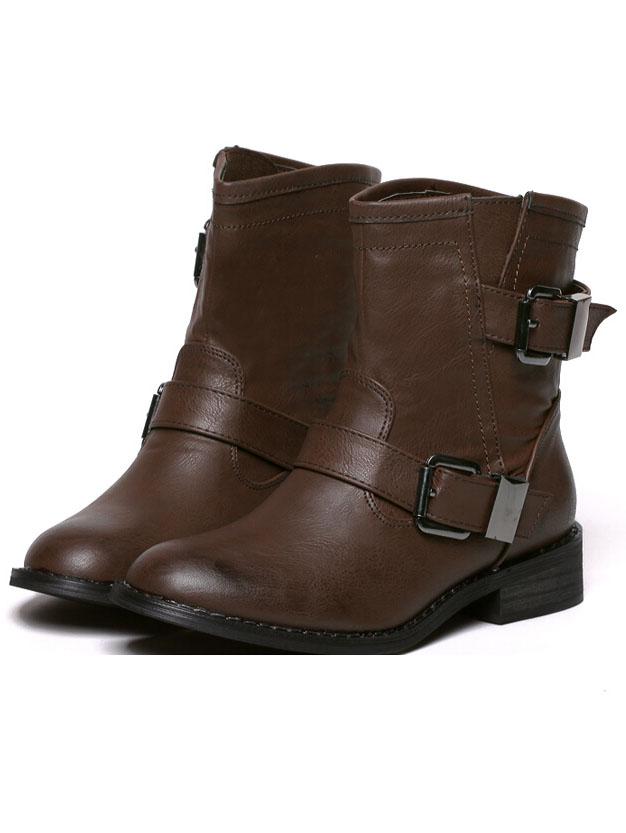 Romwe Brown Low Heel Buckle Strap Boots