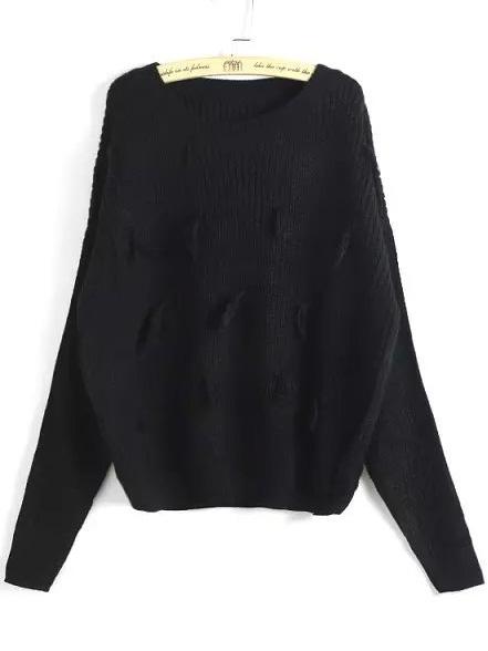 Romwe Round Neck Tassel Knit Black Sweater